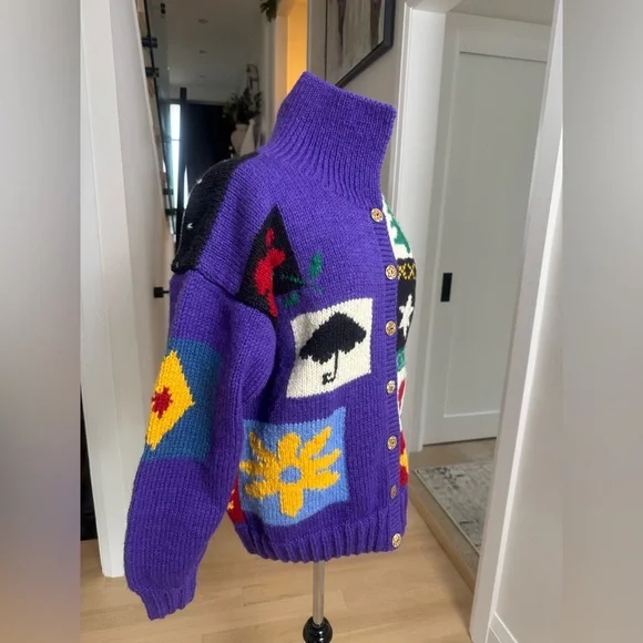 Motif Hand-Knit Wool Patchwork Cardigan  Jacket – Purple – Size M (New) - Picture 3 of 6